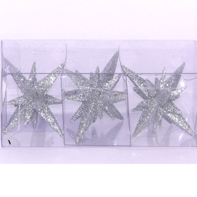 3 zilveren glitter 3D sterren 7,5 cm