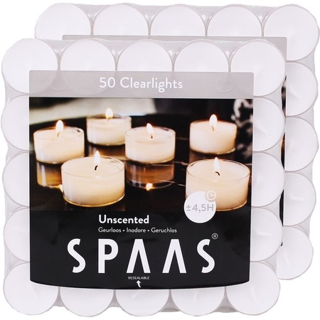 100x Clearlights white tealights candles 4.5 hours resealable