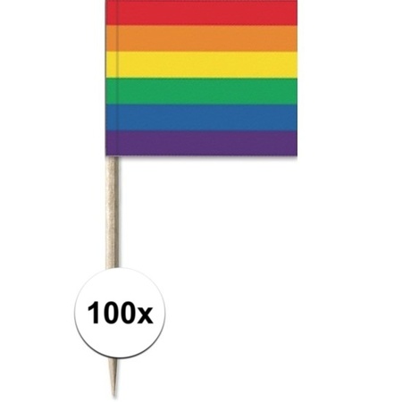 100x Cocktailprikkers regenboog vlag 8 cm vlaggetje decoratie
