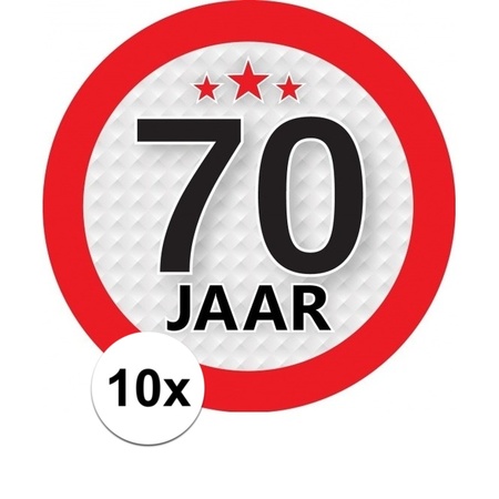 10x 70 Jaar leeftijd stickers rond 9 cm verjaardag versiering