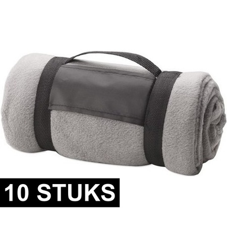 10x Fleece dekens/plaids grijs afneembaar handvat 160 x 130 cm