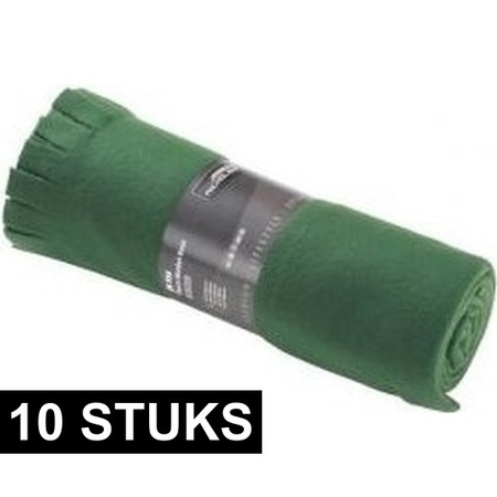 10x Fleece dekens/plaids met franjes donker groen 130 x 170 cm