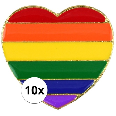 10x Rainbow pride heart metal badge 3 cm