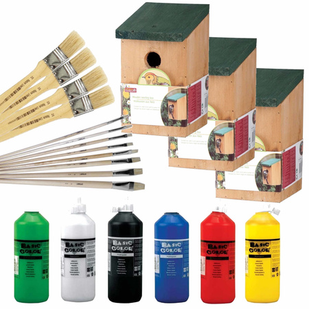 10x Wooden birdhouses 22 cm with paint and brushes