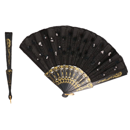 10x Black hand fan with sequins