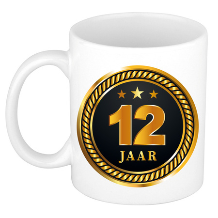 Gold black medal 12 year mug for birthday / anniversary