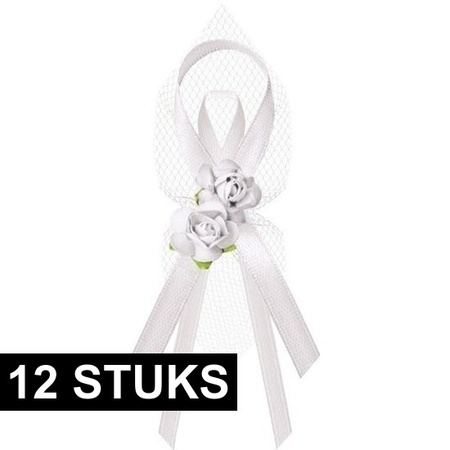 12x Bruiloft/huwelijk witte corsages 9 cm met rozen