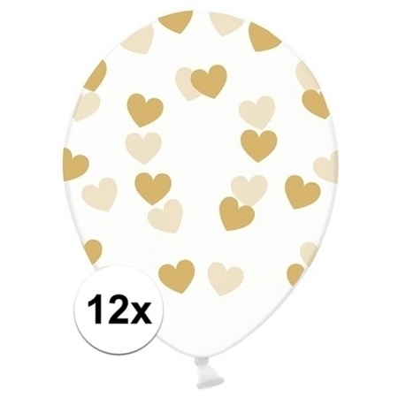 12x Transparante ballonnen met hartjes goud