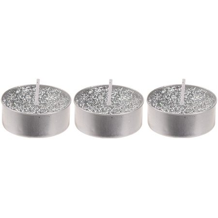 12x Zilveren glitter waxinelichtjes/theelichtjes 6 cm