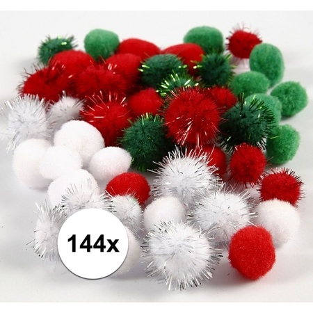 144x craft pompoms 15-20  mm green, white, red
