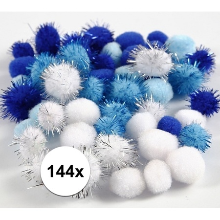 144x knutsel pompons 15-20 mm wit/blauw