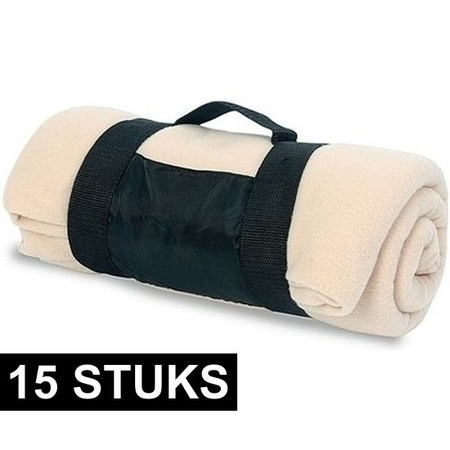 15x Fleece dekens/plaids beige afneembaar handvat 160 x 130 cm