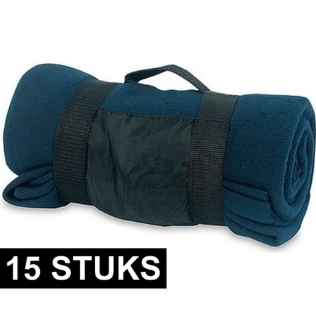 15x Fleece dekens/plaids blauw afneembaar handvat 160 x 130 cm