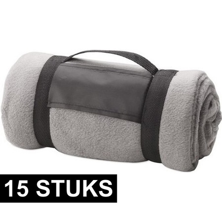 15x Fleece dekens/plaids grijs afneembaar handvat 160 x 130 cm