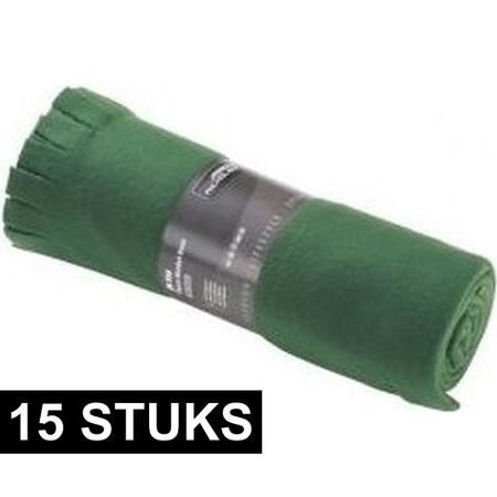 15x Fleece dekens/plaids met franjes donker groen 130 x 170 cm