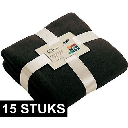 15x Fleece dekens/plaids zwart 130 x 170 cm