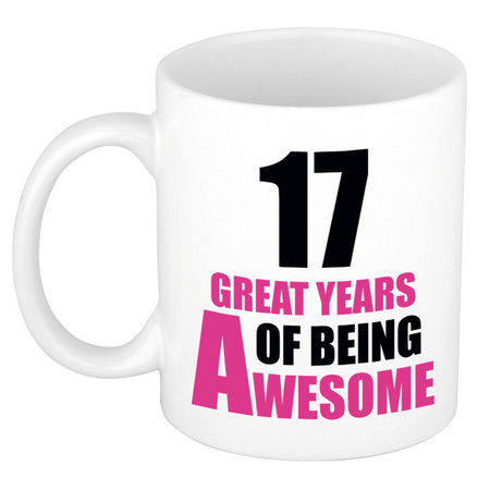 17 great years of being awesome - gift mug white and pink 300 ml