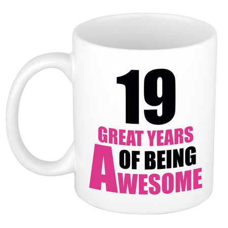 19 great years of being awesome - gift mug white and pink 300 ml