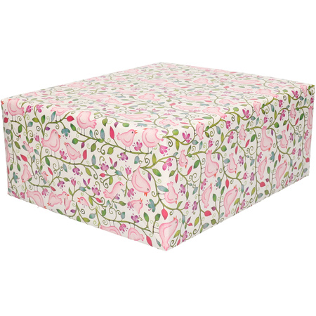 1x Inpakpapier/cadeaupapier creme met roze vogeltjes en bloemetjes 200 x 70 cm