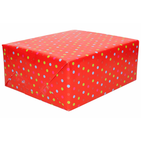 1x Wrapping/gift paper red with colored dots 200 x 70 cm