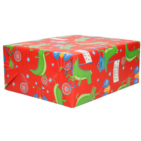 1x Wrapping paper red with crocodile theme 200 x 70 cm on a roll