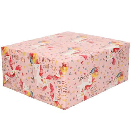 1x Rollen Inpakpapier/cadeaupapier roze met eenhoorn happy birthday print 200 x 70 cm rol