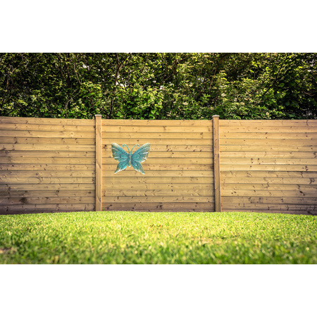 1x Tuindecoratie vlinder van metaal turquoise/goud 22 cm