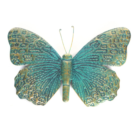 1x Tuindecoratie vlinder van metaal turquoise/goud 31 cm