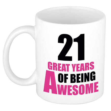 21 great years of being awesome - gift mug white and pink 300 ml