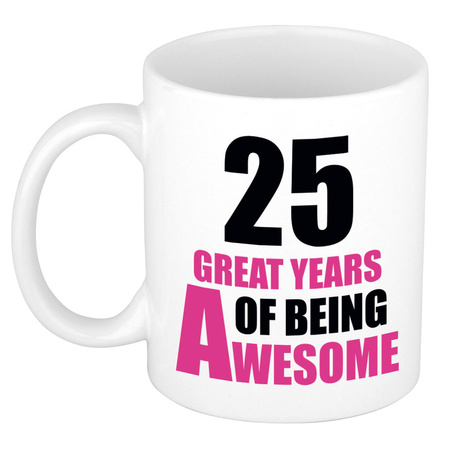 25 great years of being awesome - gift mug white and pink 300 ml