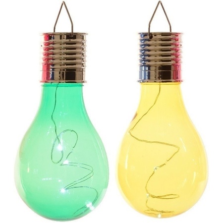 2x Outdoor/garden LED green/yellow pear bulbs solar light 14 cm