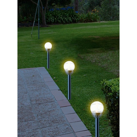 2x Buiten/tuin LED RVS bol stekers Navi solar verlichting 30 cm