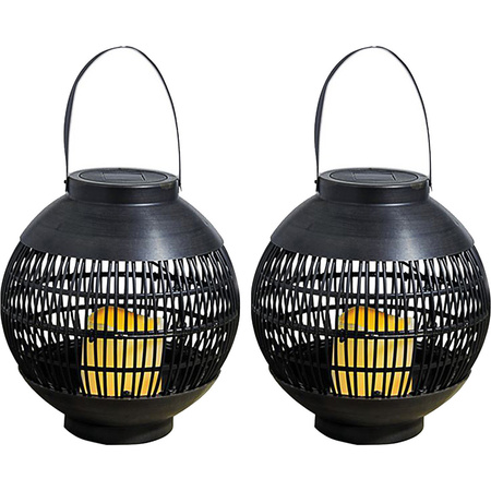 2x Outdoor black rattan hanging lanterns on solar energy 23 cm garden lighting