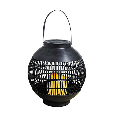 2x Outdoor black rattan hanging lanterns on solar energy 23 cm garden lighting