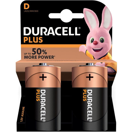 2x Duracell D Plus batteries alkaline LR20 MN1300 1.5V