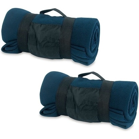 2x Fleece dekens/plaids blauw afneembaar handvat 160 x 130 cm