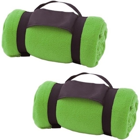 2x Fleece blankets/plaids green removable handle 160 x 130 cm