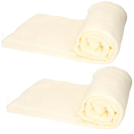 2x Fleece dekens/plaids met franjes gebroken wit 130 x 170 cm