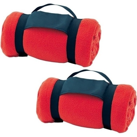 2x Fleece blankets/plaids red removable handle 160 x 130 cm