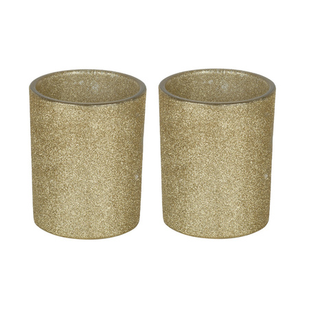 2x Gold tealights/candle holders glitter 10 cm