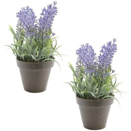 2x Groen/paarse Lavendula/lavendel kunstplanten 17 cm zwarte pot