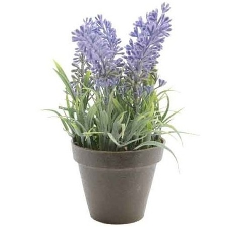 2x Groen/paarse Lavendula/lavendel kunstplanten 17 cm zwarte pot
