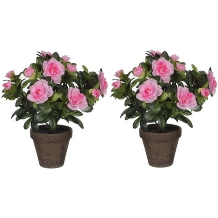 2x Green Azalea artificial plant pink flowers 27 cm in pot 