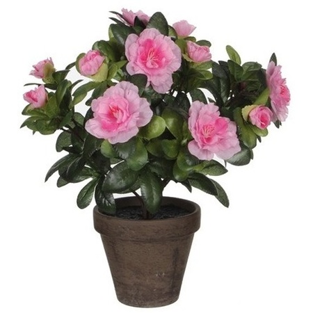 2x Green Azalea artificial plant pink flowers 27 cm in pot 