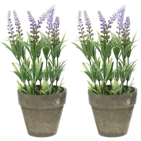 2x Groene/lilapaarse Lavandula/lavendel kunstplanten 25 cm in po
