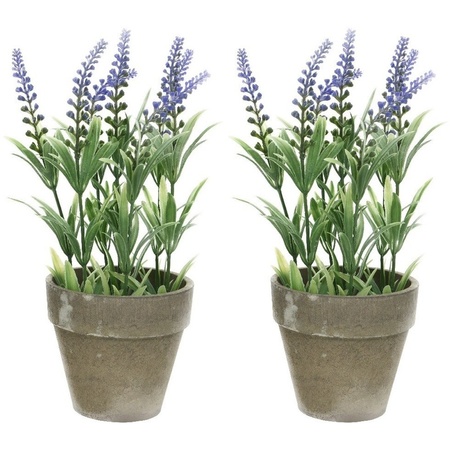 2x Groene/paarse Lavandula/lavendel kunstplant 25 cm in betonpot