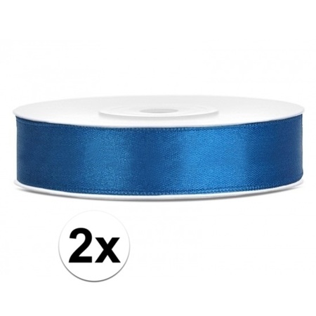 2x Hobby/decoration cobalt blue satin ribbons 1.2 cm/12 mm x 25 meters