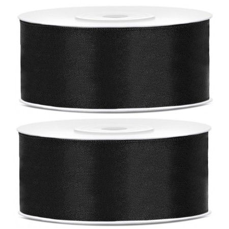 2x Hobby/decoration black satin ribbons 1.5 cm/25 mm x 25 meters