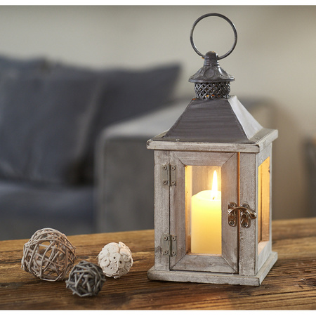2x Wooden lantern candle holders white 13 x 25 cm