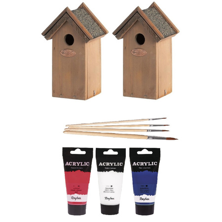 2x Wooden birdhouses 22 cm with 3x tubes of paint red/white/blue